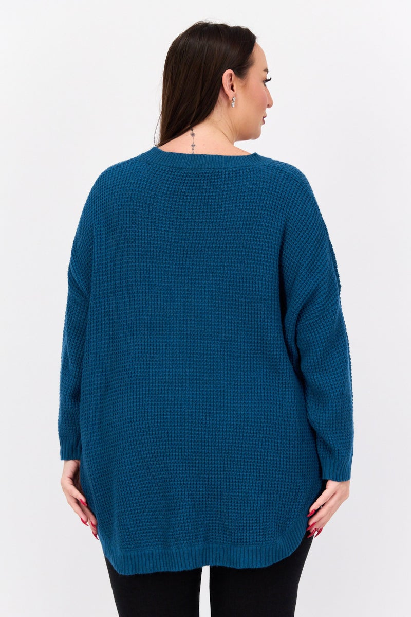 Black Tape Women Plus Size Long Sleeve Textured Sweater, Teal Blue 