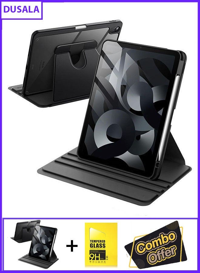 DUSALA 2 in 1 Rotating Case for iPad Air 11-Inch M3/M2 (2025/2024), iPad Air 5/4 (2022/2020 5th/4th Generation 10.9-Inch) with Pencil Holder,360 Degree Rotation Protective Stand Slim Cover Clear Back, Auto Wake/Sleep (iPad Air) With Tempered Glass - Image 1