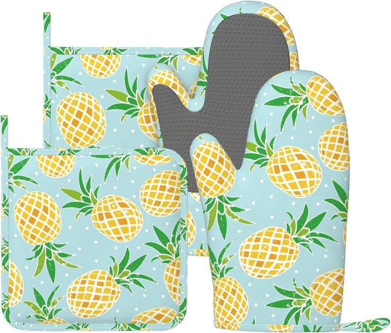 Echoserein Tropical Pineapple Pineapples Oven Mitts and Pot Holders Sets of 4 Heat Resistant Silicone Oven Mittens and Potholders Gloves Hot Pads for Kitchen Cooking Baking Grilling BBQ Chef - Image 1