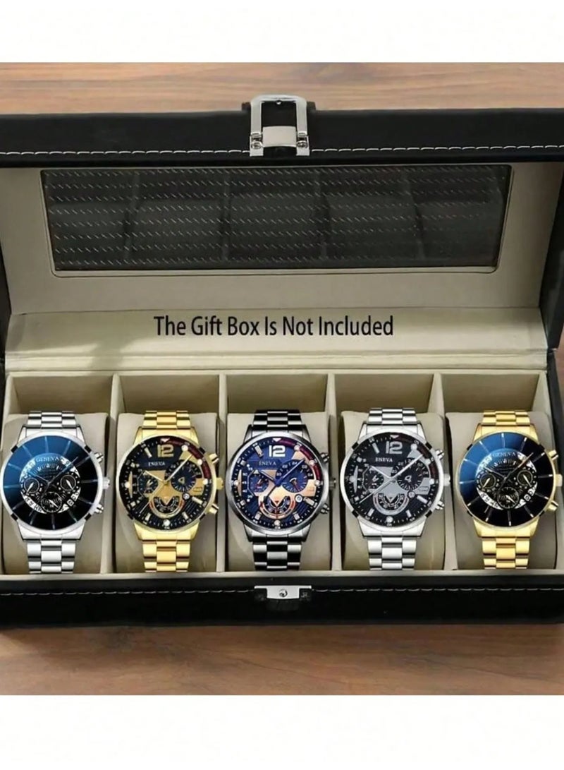 جنيفا ساعات رجاليه كوارتز مجموعه من 5 قطع ساعات  فاخره و متنوعه بتصميم سوار مصنوع من الستانلس ستيل عالي الجودة لمتانة طويلة مناسب لتقديمه كهدية فاخره لمن تحب - Image 1
