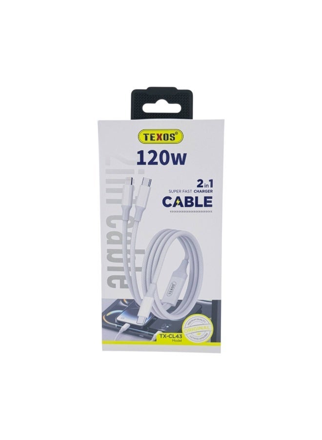 تيكسو TEXOS CL-43 120W 2-in-1 Super Fast Charger Cable for USB-C and Lightning Devices - Image 1