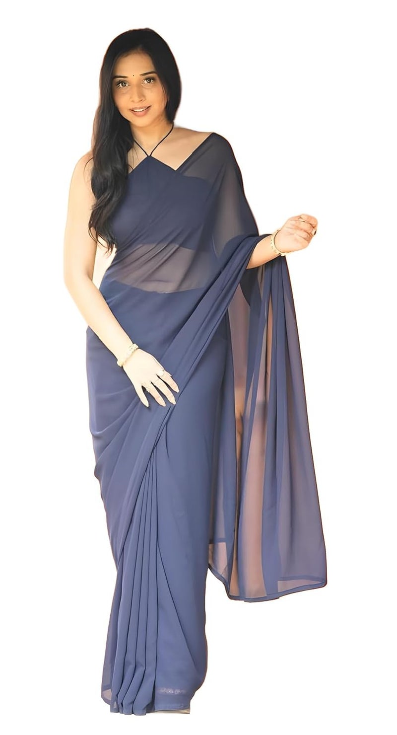Sidhidata Women's Navy Blue Plain Georgette Ready To Wear One Minute Saree with Unstitched Blouse Piece - Image 1