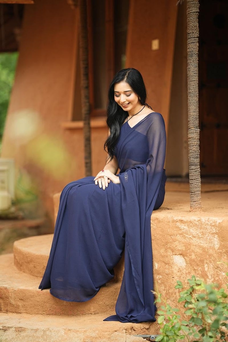 Sidhidata Women's Navy Blue Plain Georgette Ready To Wear One Minute Saree with Unstitched Blouse Piece - Image 5