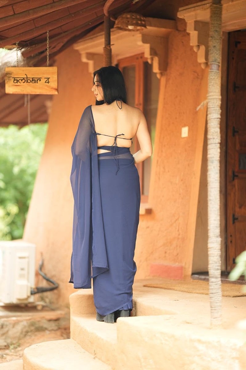 Sidhidata Women's Navy Blue Plain Georgette Ready To Wear One Minute Saree with Unstitched Blouse Piece - Image 4