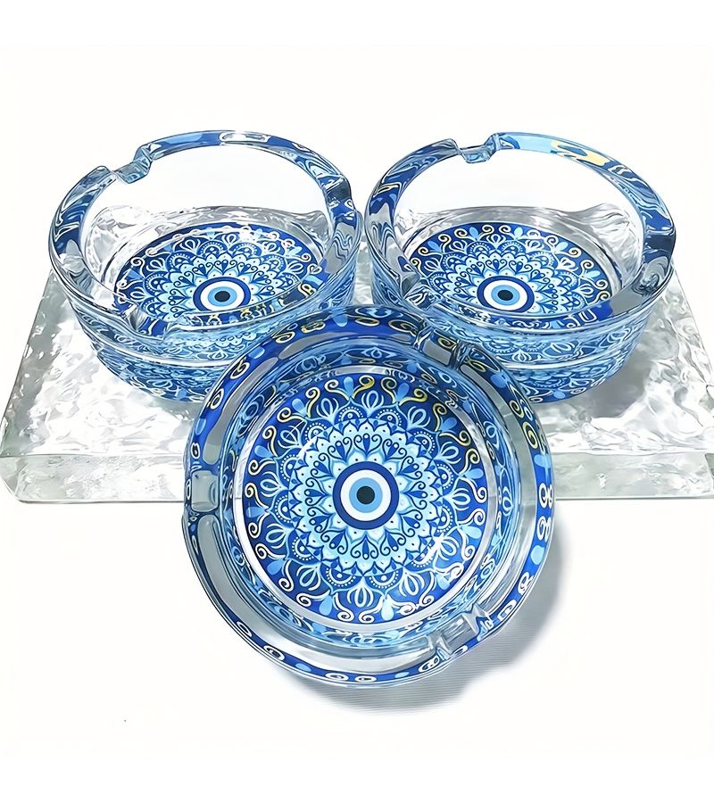 Green Blue Eyed Round Glass Ashtray 3.34 Inch Smoking Accessory Gift - Image 3