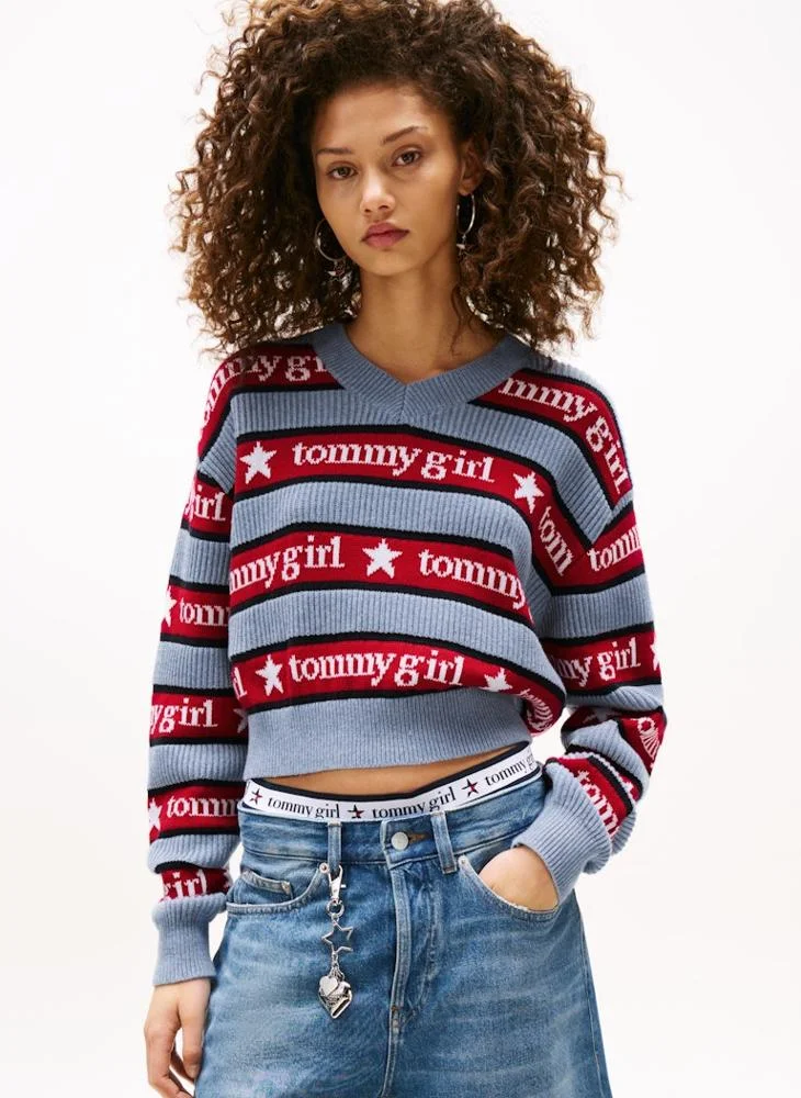 تومي جينز Striped V-Neck Sweater