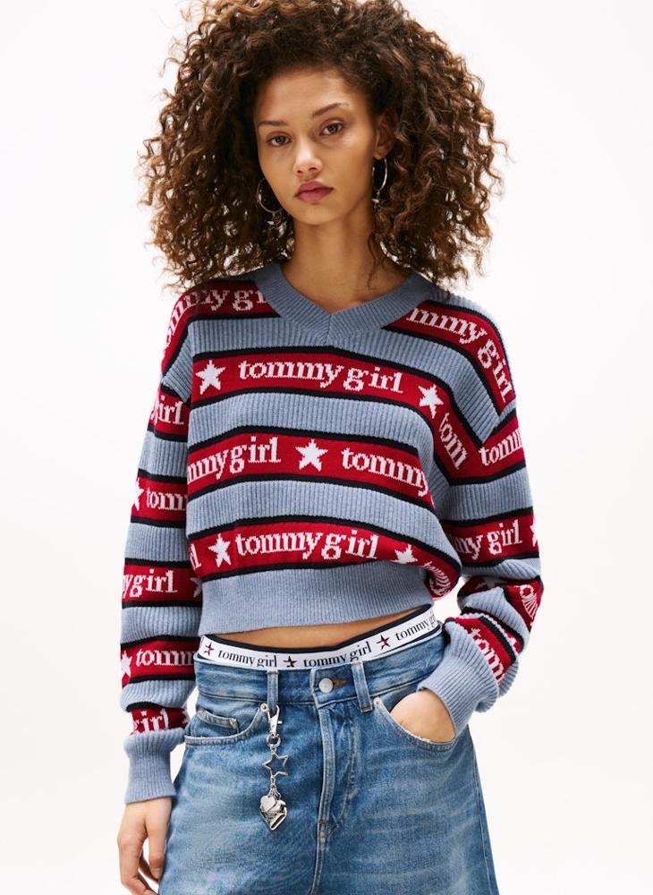 TOMMY JEANS Tommy Girl Striped V-Neck Sweater - Image 1