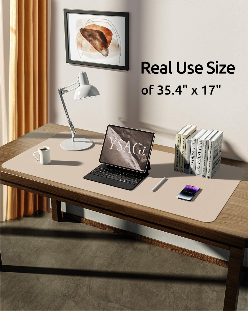 YSAGi Leather Desk Protector, Office Mat, Large Mouse Mat, Non-Slip PU Leather Blotter, Laptop Desk, Waterproof Writing Pad for Office and Home (Eggshell, 35.4" x 17") - Image 5