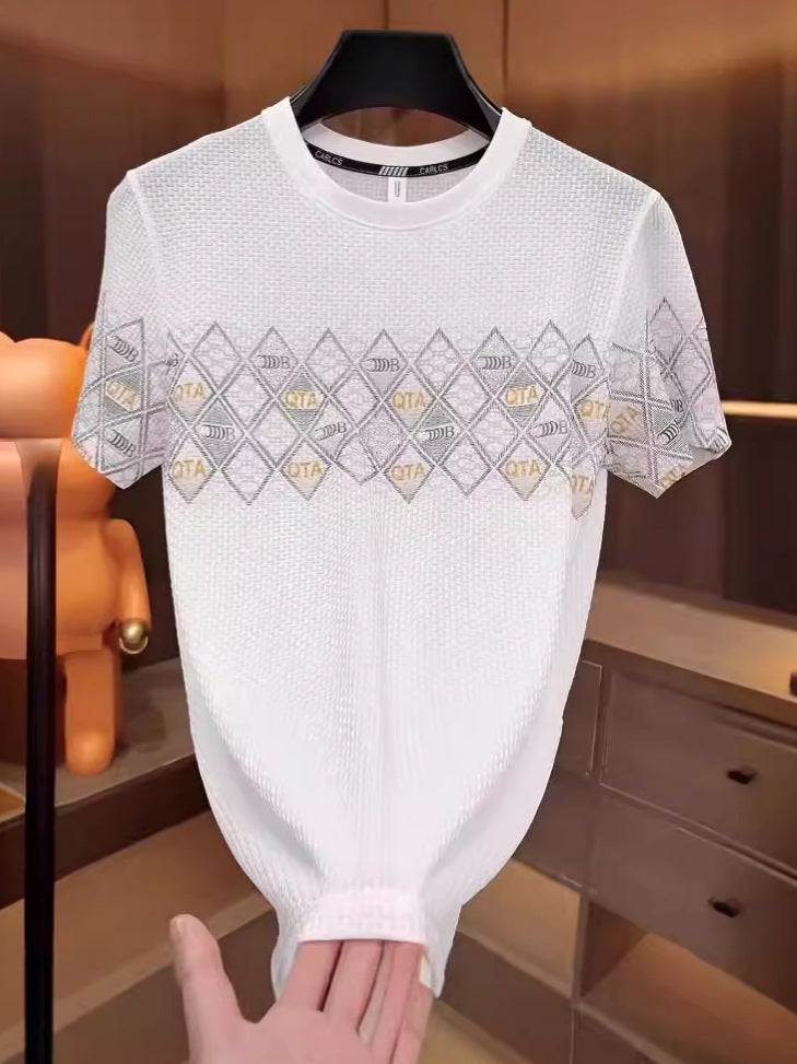 Summer Ice Silk Heavy Industry Checkered Letter Printing Designer Round Neck T-Shirt Men'S Short Sleeve Fashion High Quality - Image 3