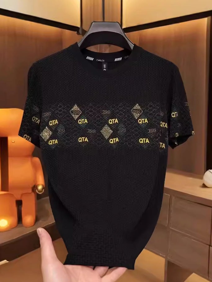 Summer Ice Silk Heavy Industry Checkered Letter Printing Designer Round Neck T-Shirt Men'S Short Sleeve Fashion High Quality - Image 2