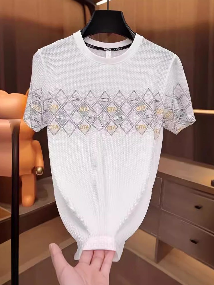 Summer Ice Silk Heavy Industry Checkered Letter Printing Designer Round Neck T-Shirt Men'S Short Sleeve Fashion High Quality - Image 5