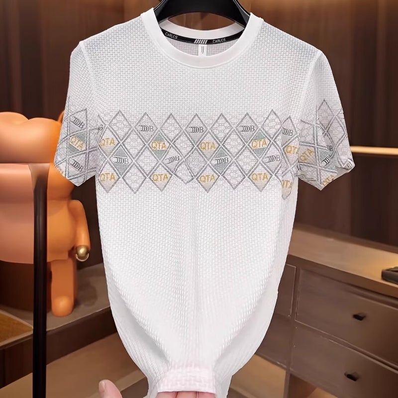 Summer Ice Silk Heavy Industry Checkered Letter Printing Designer Round Neck T-Shirt Men'S Short Sleeve Fashion High Quality - Image 1