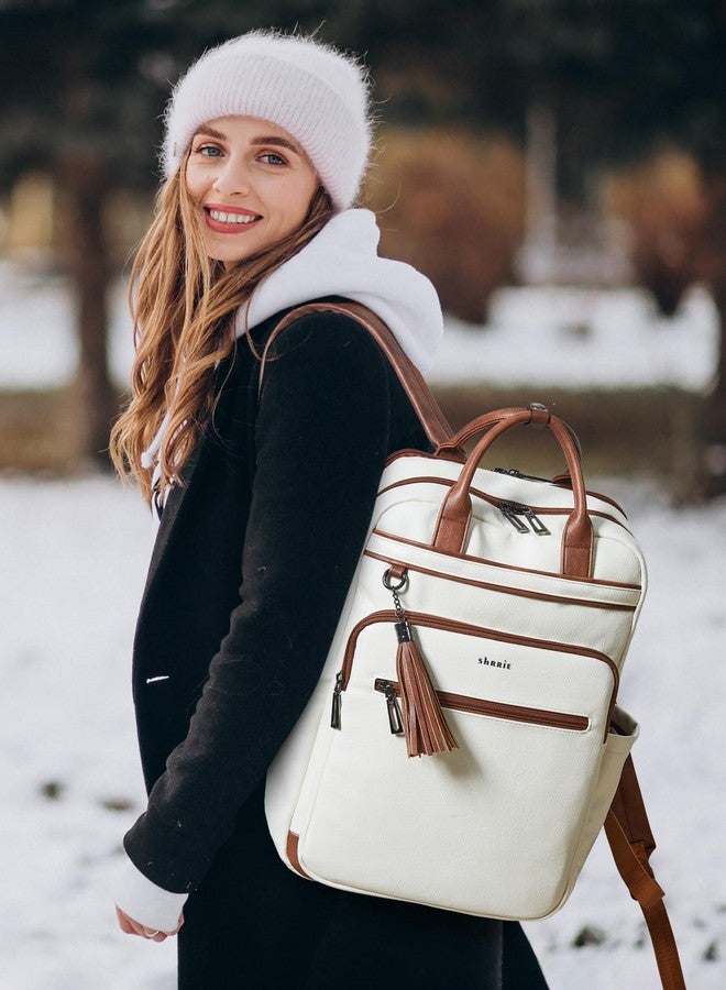 Shrrie Laptop Backpack for Women 15.6 inch Travel Leather Backpack Purse Work Computer Backpacks for Business College, Beige, Modern - Image 2