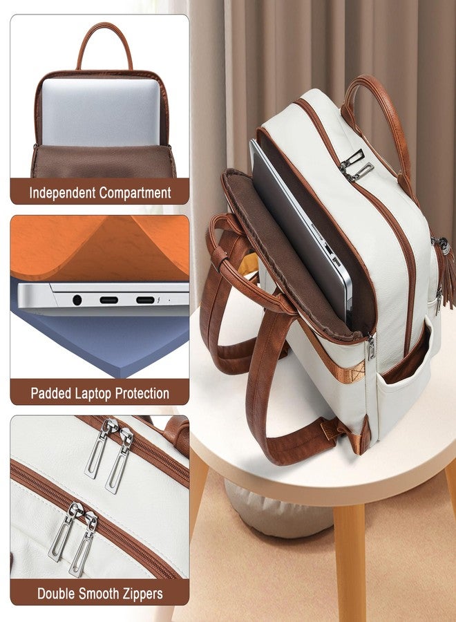 Shrrie Laptop Backpack for Women 15.6 inch Travel Leather Backpack Purse Work Computer Backpacks for Business College, Beige, Modern - Image 4