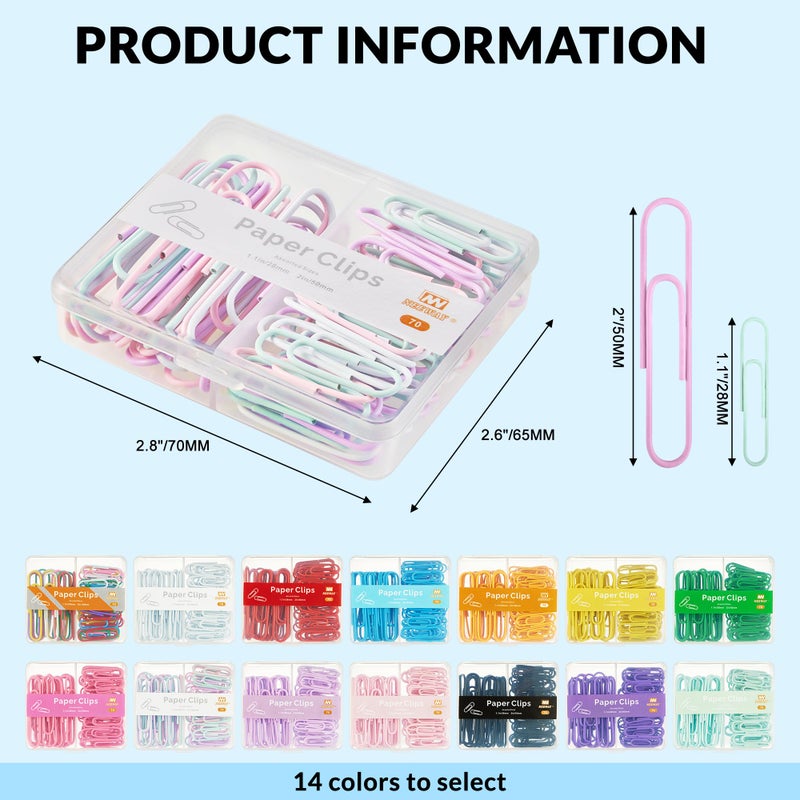 NEEWAY Colorful Paper Clips Assorted Sizes, Small and Large Paperclips, 210 Count, 3 Pack of 70 (Light Multicolor) - Image 2