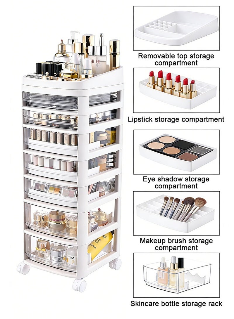 VUCATIN 7-layer Drawer-Style Rolling Cosmetic Storage Cart with Wheels - Multi-Layer Transparent Acrylic Organizer Boxes for Cosmetic Jewelry Stationery, Bedroom Living Room Kitchen Office Storage Cabinet, Multi-Purpose Plastic Storage Unit - Image 5