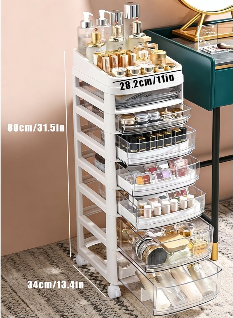 VUCATIN 7-layer Drawer-Style Rolling Cosmetic Storage Cart with Wheels - Multi-Layer Transparent Acrylic Organizer Boxes for Cosmetic Jewelry Stationery, Bedroom Living Room Kitchen Office Storage Cabinet, Multi-Purpose Plastic Storage Unit - Image 3