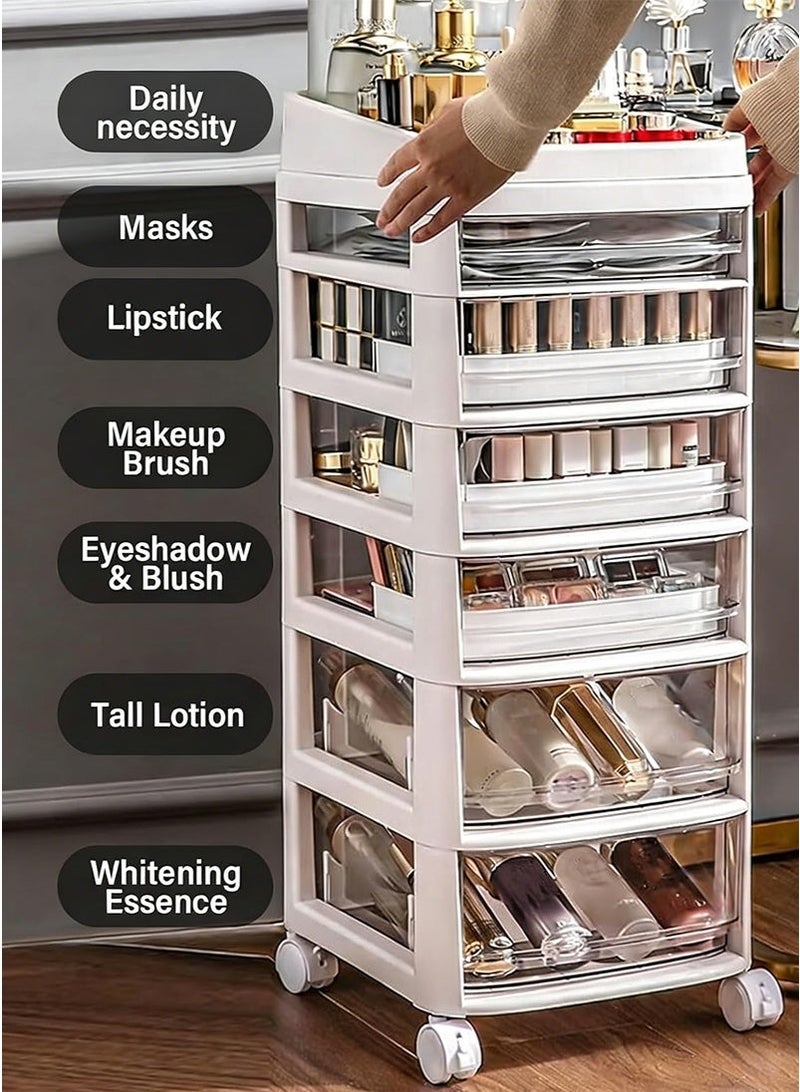 VUCATIN 7-layer Drawer-Style Rolling Cosmetic Storage Cart with Wheels - Multi-Layer Transparent Acrylic Organizer Boxes for Cosmetic Jewelry Stationery, Bedroom Living Room Kitchen Office Storage Cabinet, Multi-Purpose Plastic Storage Unit - Image 4