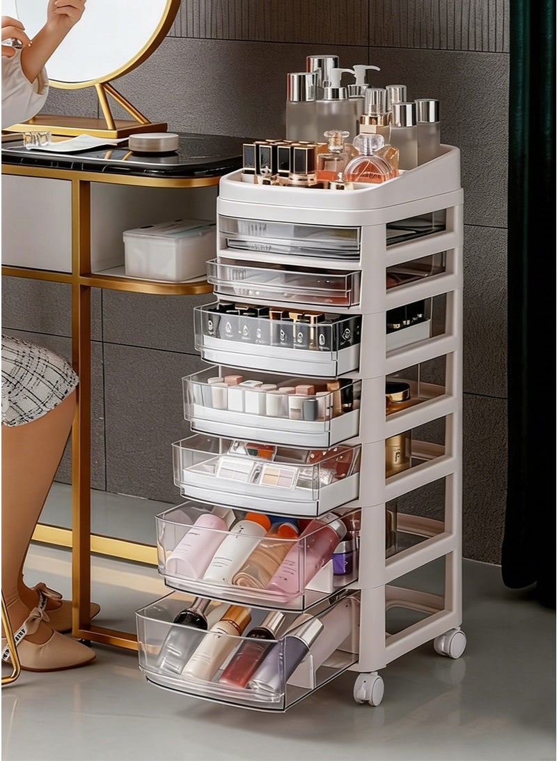 VUCATIN 7-layer Drawer-Style Rolling Cosmetic Storage Cart with Wheels - Multi-Layer Transparent Acrylic Organizer Boxes for Cosmetic Jewelry Stationery, Bedroom Living Room Kitchen Office Storage Cabinet, Multi-Purpose Plastic Storage Unit - Image 1