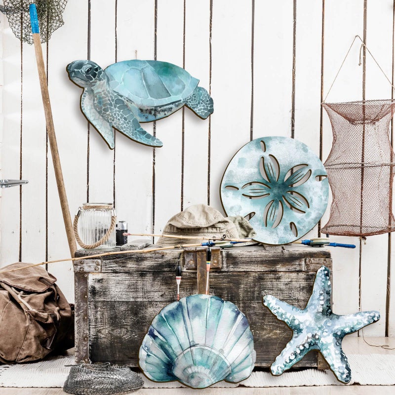 VGICH 4Pcs Wooden Beach Wall Art Coastal Hanging Decor with Turtle, Starfish, Crab, Shell for Nautical Living Room, Bathroom, Bedroom - Image 4