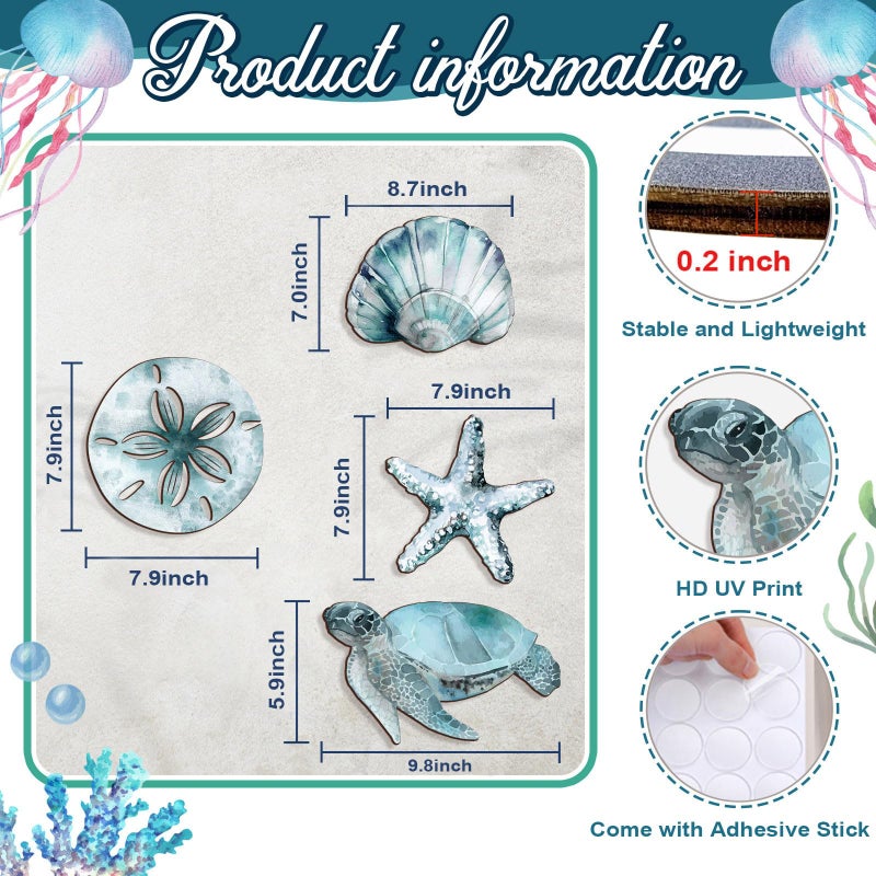 VGICH 4Pcs Wooden Beach Wall Art Coastal Hanging Decor with Turtle, Starfish, Crab, Shell for Nautical Living Room, Bathroom, Bedroom - Image 2