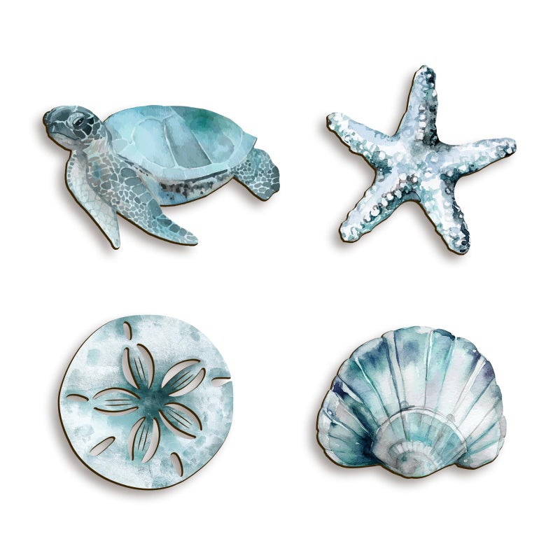 VGICH 4Pcs Wooden Beach Wall Art Coastal Hanging Decor with Turtle, Starfish, Crab, Shell for Nautical Living Room, Bathroom, Bedroom - Image 1