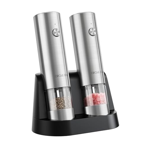 CIRCLE JOY Electric Salt and Pepper Grinder Set Stainless Steel Spice Grinder Automatic Pepper Mills with EasytoCarry Dual Charging Station White Led Light and Adjustable Coarseness Silver