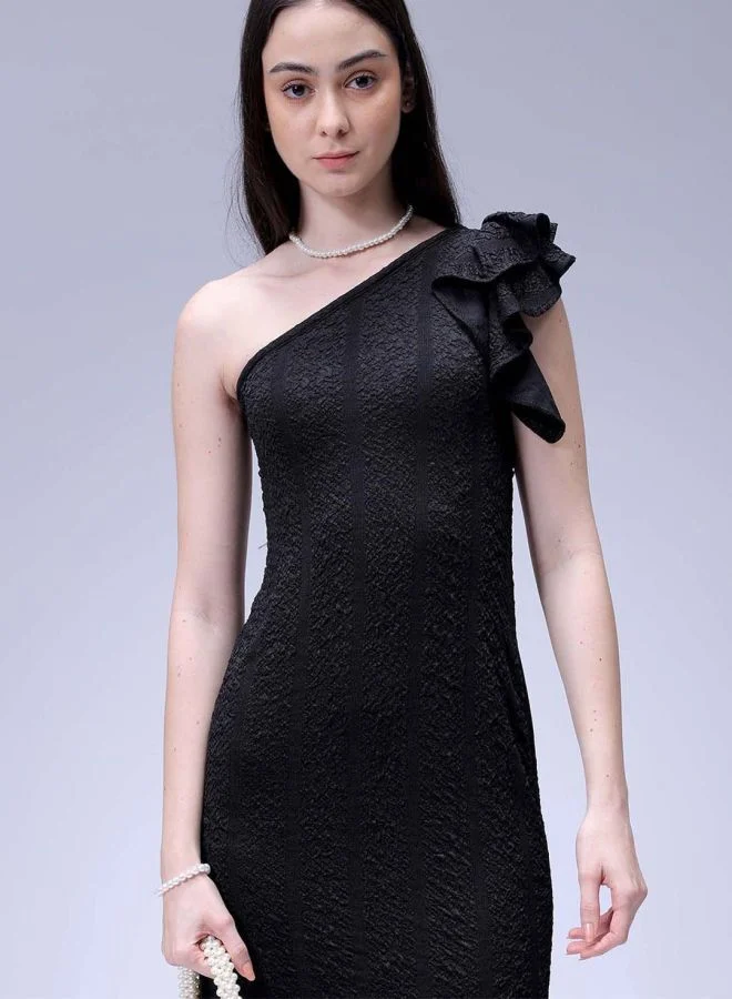Women Regular Fit Textured Asymmetric Neck Sleeveless One Shoulder Dress