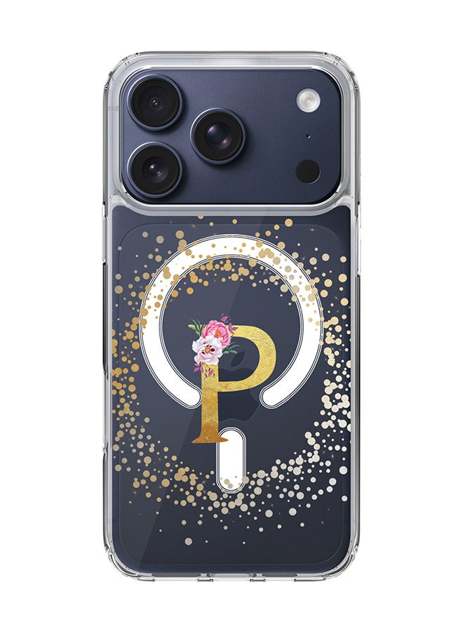 Stylizedd Classic Clear MagSafe Case for iPhone 17 Pro , Hybrid Soft Case Flexible Edges Anti Drop TPU PC Gel Thin Transparent Cover [ Designed for iPhone 17 Pro ] - Custom Monogram Initial Letter Floral Pattern Alphabet - P  (Clear )
