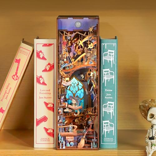 Tonecheer DIY Book Nook Kit for Adults3D Wooden Puzzle Bookend Bookshelf Insert Library Decor Booknook Miniature House Kit with Body Motion Sensor LED Light Magic Stars Room - Image 5