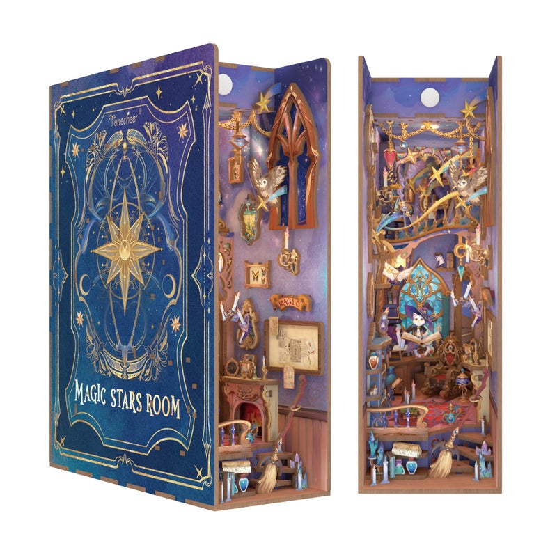 Tonecheer DIY Book Nook Kit for Adults3D Wooden Puzzle Bookend Bookshelf Insert Library Decor Booknook Miniature House Kit with Body Motion Sensor LED Light Magic Stars Room - Image 3