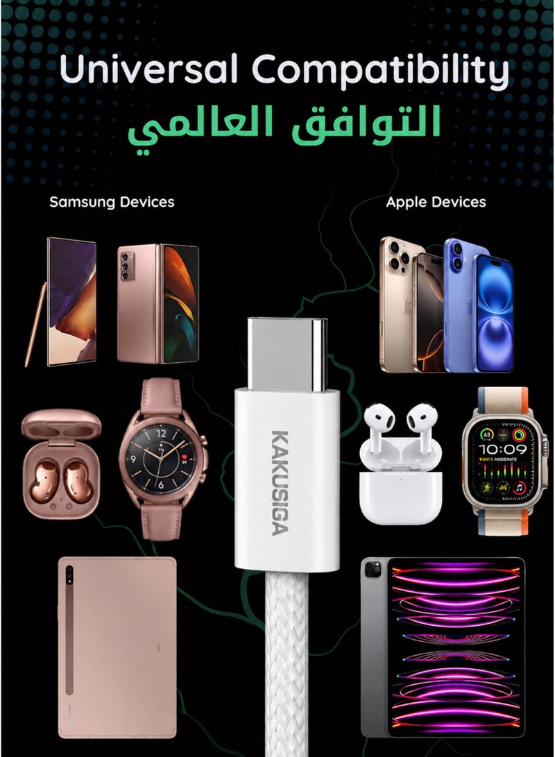 KAKUSIGA 60W USB-C to USB-C Fast Charging Cable, 1M Braided Type-C PD Cable, 480Mbps Data Transfer, Durable White Charge Cord for iPhone 15/16, Samsung Galaxy, MacBook, iPad, Google Pixel, Huawei, Xiaomi & USB-C Devices - Image 4