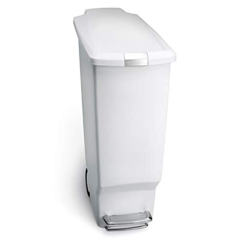 simplehuman CW1362 40L Slim Recycling Kitchen Pedal Bin with Lid Lock, Silent Soft Close Lid, Built In Wheels, Stay-Open Lid, White Plastic, W 26.0cm x H 64.0cm x D 49.0cm - Image 1