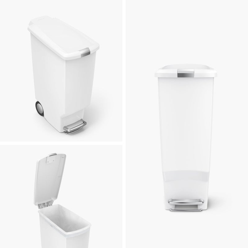 simplehuman CW1362 40L Slim Recycling Kitchen Pedal Bin with Lid Lock, Silent Soft Close Lid, Built In Wheels, Stay-Open Lid, White Plastic, W 26.0cm x H 64.0cm x D 49.0cm - Image 3