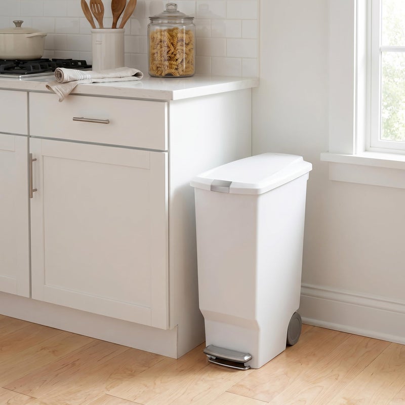 simplehuman CW1362 40L Slim Recycling Kitchen Pedal Bin with Lid Lock, Silent Soft Close Lid, Built In Wheels, Stay-Open Lid, White Plastic, W 26.0cm x H 64.0cm x D 49.0cm - Image 2