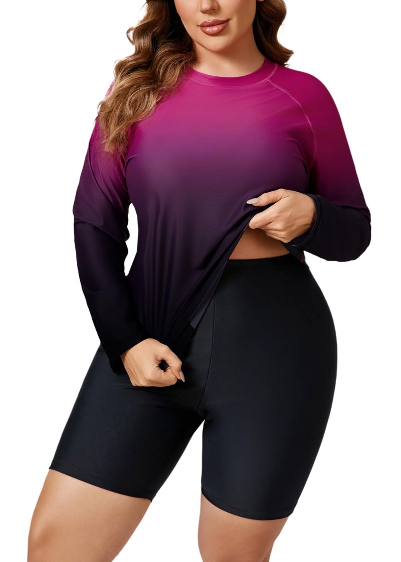 Halcurt Womens Two Piece Rash Guard with Bra Built in Long Sleeve Swimsuits Purple 4X