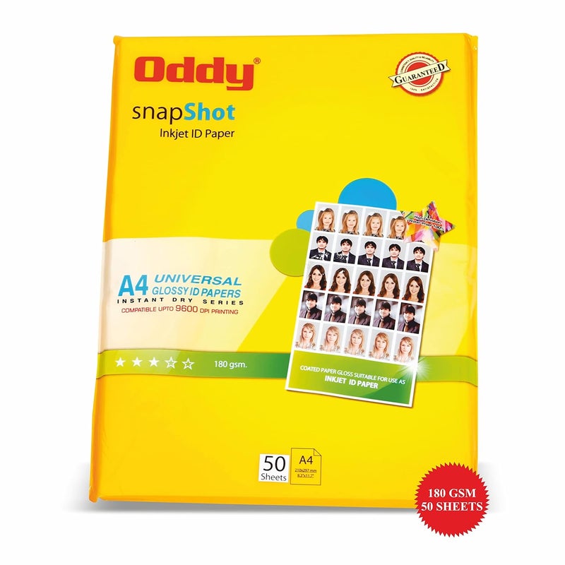 oddy 180 GSM A4 Size Glossy Photo Paper – Water Proof, Instant Drying, Pack of 50 Sheets, Compatible with Inkjet Printer - Image 1
