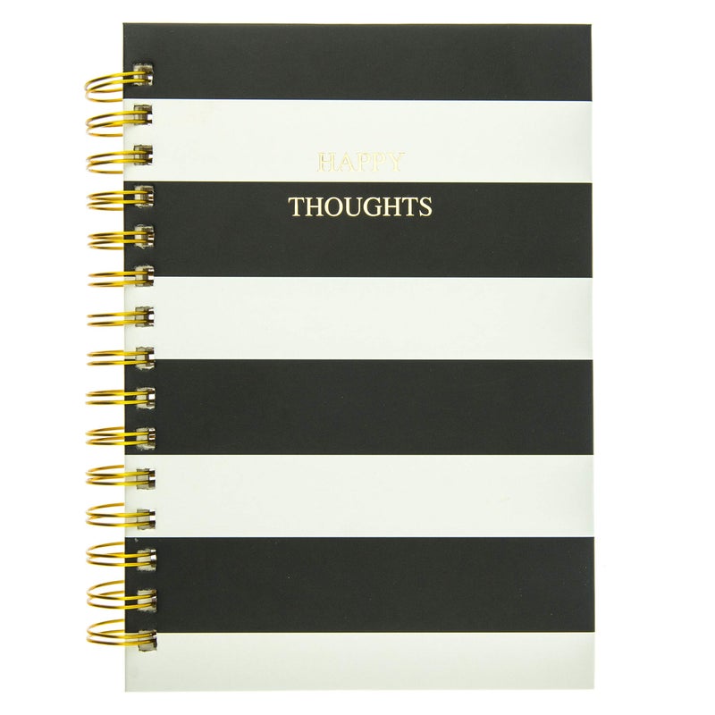 Graphique Classic Charm Hard Cover Journal w/ Elegant Black and White Stripes & "Happy Thoughts" in Embellished Gold Foil Across the Cover, 160 Ruled Pages, 6.25" x 8.25" x 1" - Image 1