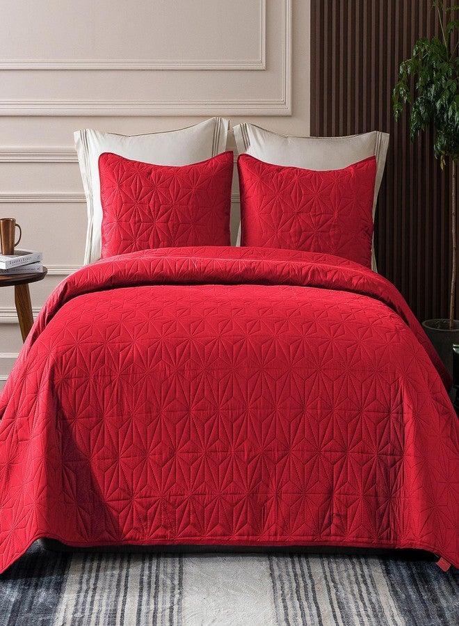 Whale Flotilla طقم لحاف كوين بتصميم أسطول الحيتان، أغطية سرير ناعمة حمراء زاهية، لحاف كوين كامل الحجم لجميع الفصول، 3 قطع خفيفة الوزن بنمط نجوم هندسية - Image 1