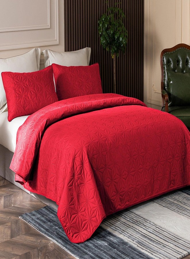 Whale Flotilla طقم لحاف كوين بتصميم أسطول الحيتان، أغطية سرير ناعمة حمراء زاهية، لحاف كوين كامل الحجم لجميع الفصول، 3 قطع خفيفة الوزن بنمط نجوم هندسية - Image 2