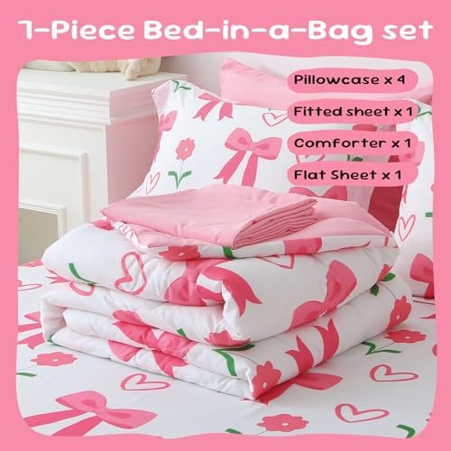 Jameswish Pink Bow Comforter 7 Pieces Comforter Set Twin Size Pink Flower Bow Comforter for Girls Kids Romantic Princess Style Bow Tie Bedding Set Super Soft All Season - Image 4