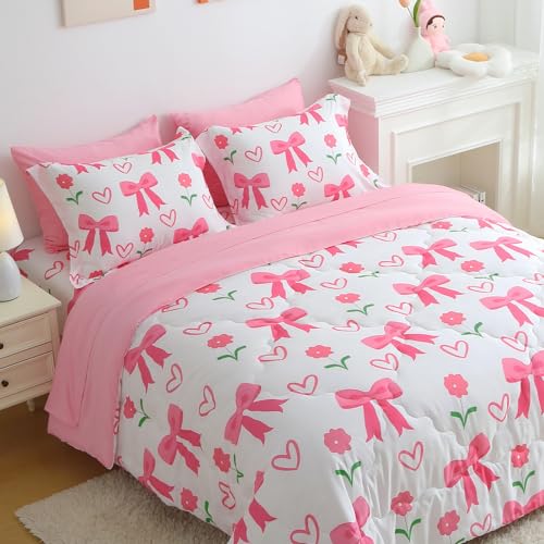 Jameswish Pink Bow Comforter 7 Pieces Comforter Set Twin Size Pink Flower Bow Comforter for Girls Kids Romantic Princess Style Bow Tie Bedding Set Super Soft All Season - Image 1