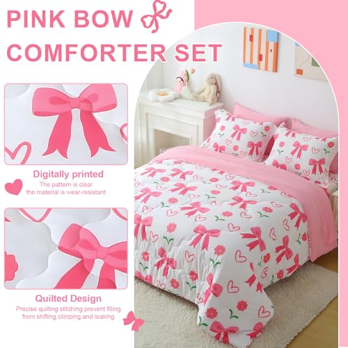 Jameswish Pink Bow Comforter 7 Pieces Comforter Set Twin Size Pink Flower Bow Comforter for Girls Kids Romantic Princess Style Bow Tie Bedding Set Super Soft All Season - Image 2