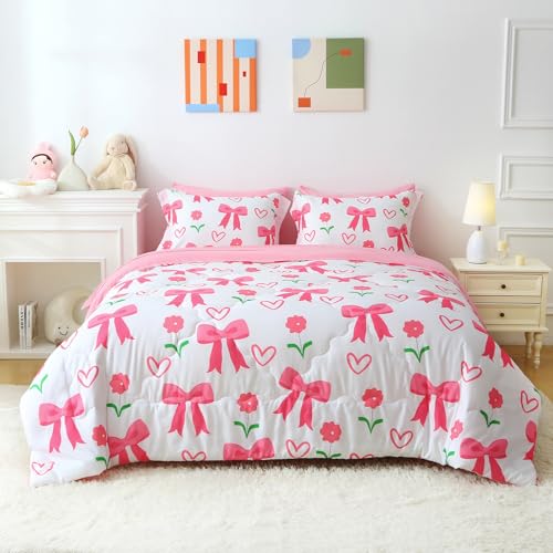 Jameswish Pink Bow Comforter 7 Pieces Comforter Set Twin Size Pink Flower Bow Comforter for Girls Kids Romantic Princess Style Bow Tie Bedding Set Super Soft All Season - Image 5