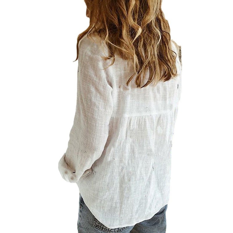 Solid Color Casual Loose Long Sleeve Linen Shirt Various Colors - Image 5