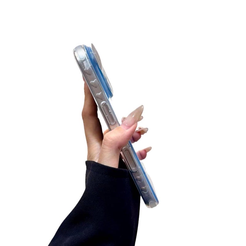 غطاء MagSafe بسيليكون لـ iPhone 16 / 16 Plus / 16 Pro / 16 Pro Max باللون Lily White مغناطيسي بوظيفة حامل من السيليكون مع نقش زنبق أزرق ضبابي ومغناطيس قوي مع حامل قائم مع سلسلة - Image 4