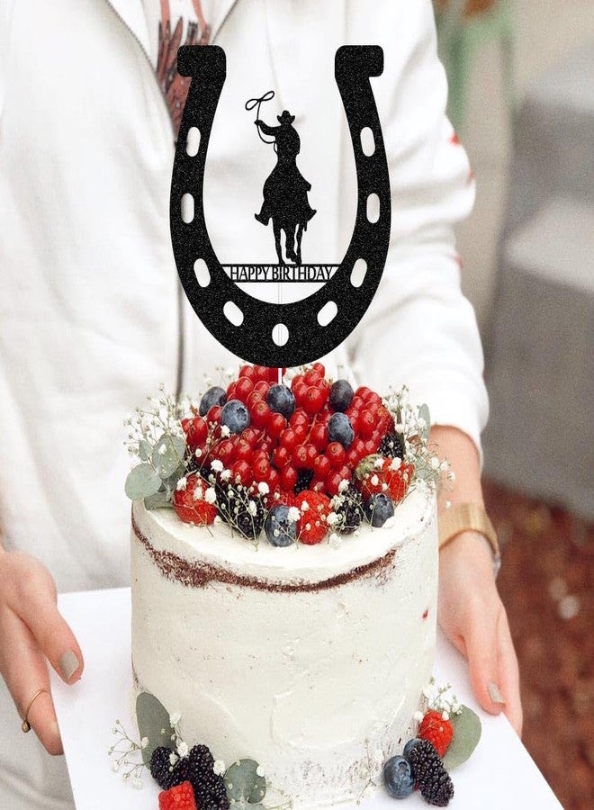 ZLPDS Cowboy Happy Birthday Cake Topper, Western Cowboy Birthday for Western Theme Party Favors Supplies, Black Glitter - Image 5