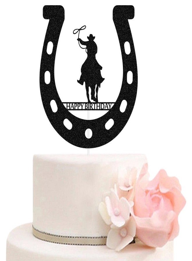 ZLPDS Cowboy Happy Birthday Cake Topper, Western Cowboy Birthday for Western Theme Party Favors Supplies, Black Glitter - Image 1