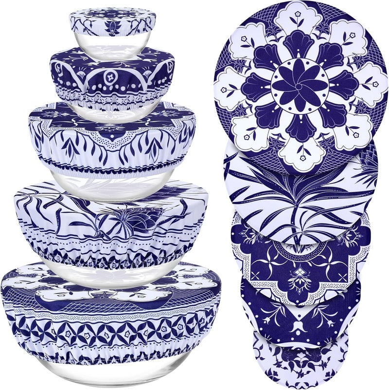 Revahope 5 Pieces Bowl Covers Reusable, 5 Size Elastic Cloth Bowl Covers for Bread Proofing Food Covers Washable for Food Fruits Leftover (Blue Floral) - Image 1
