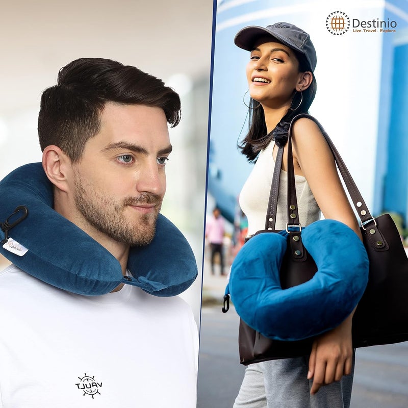 Destinio Neck Pillow for Travel Without Eye mask Memory Foam Neck Pillow Neck Pillows with Washable Cover Travel Neck Pillow Travel Pillow for Flights for Men and Women Blue Pack of 1 - Image 3